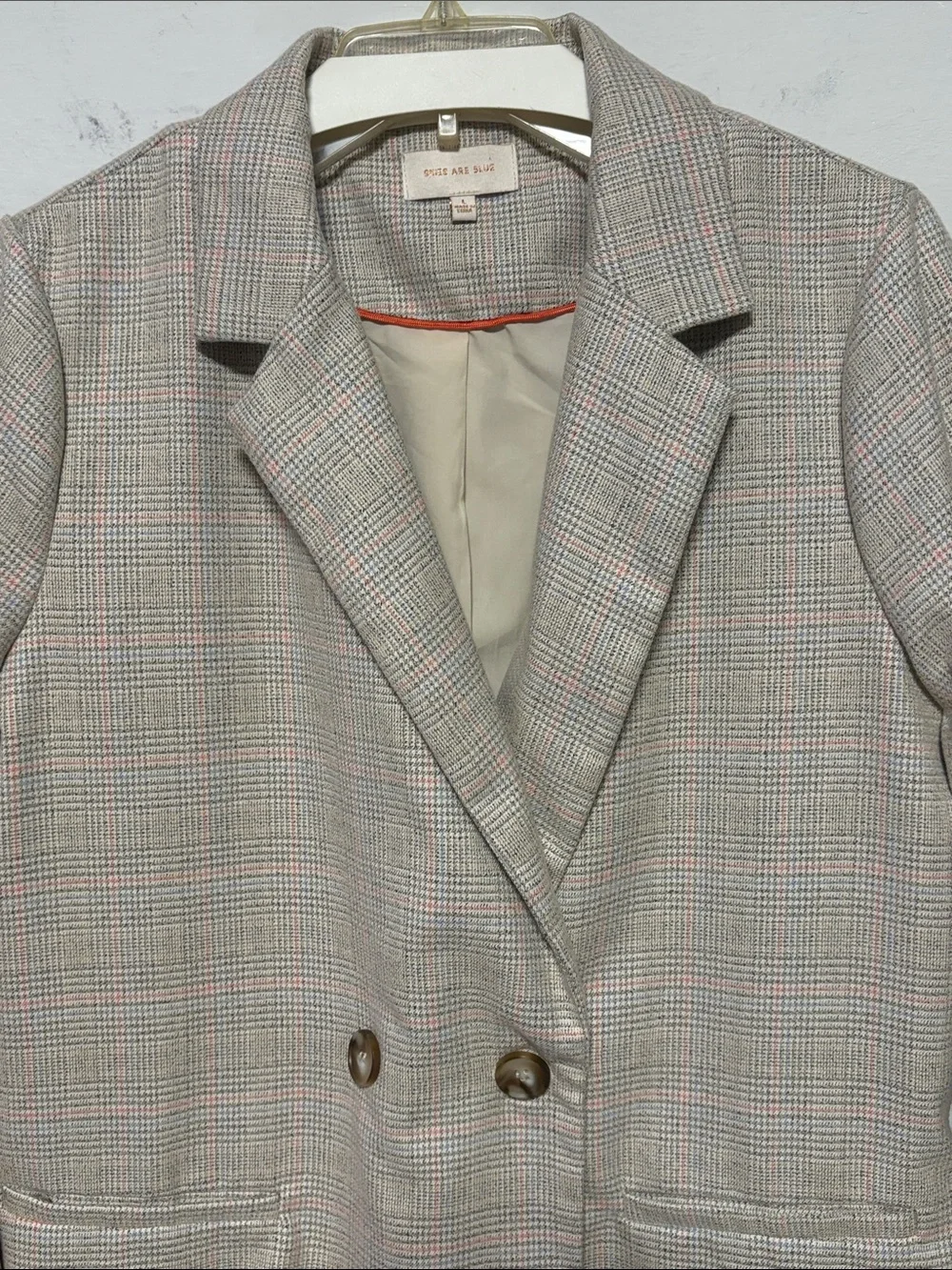 SKIES Are BLUE Plaid Blazer | Size L | Ruched Sleeve Double Button Jacket